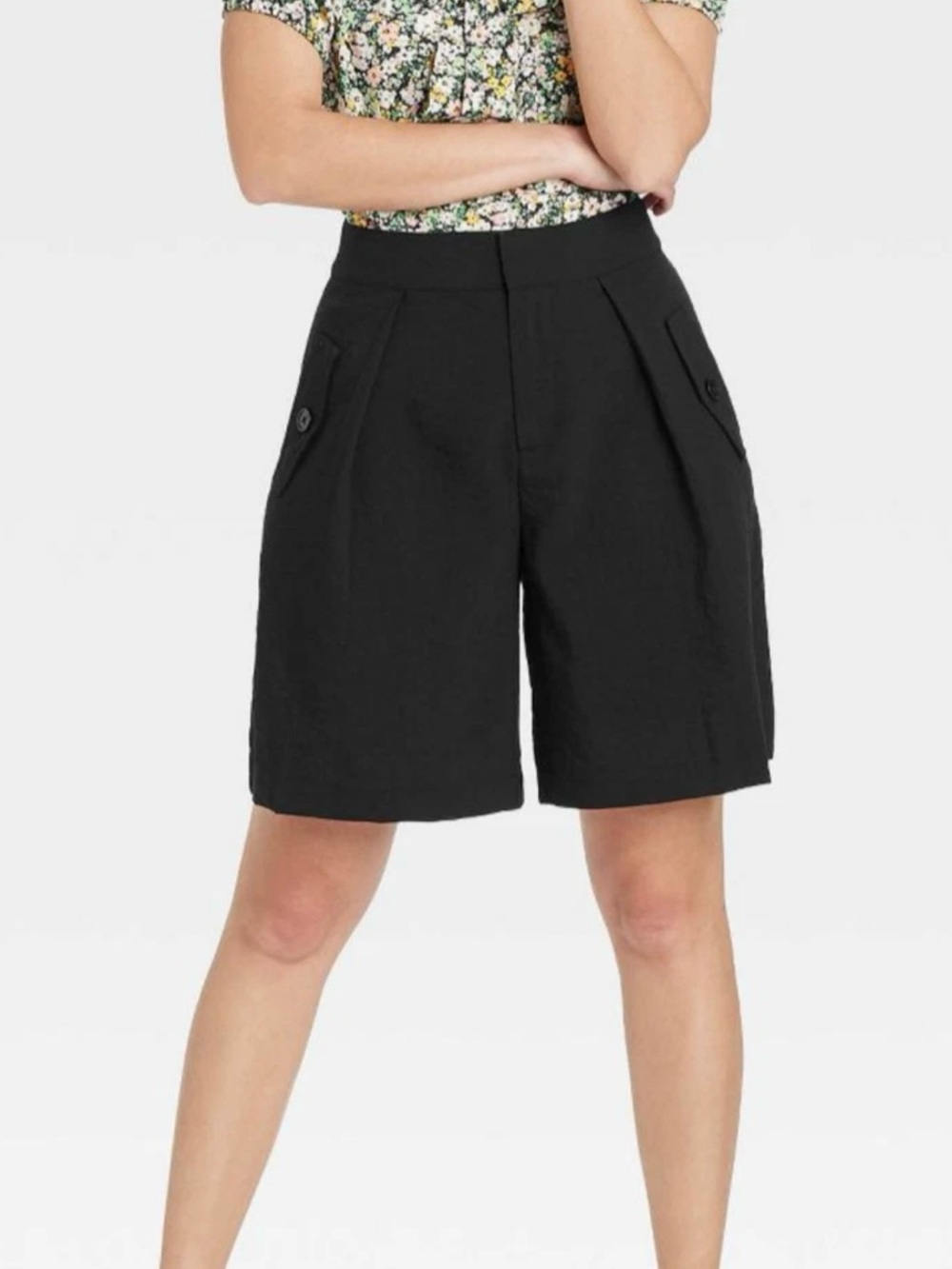 Who What Wear Black High-Waist Bermuda Shorts with Button-Flap Pockets